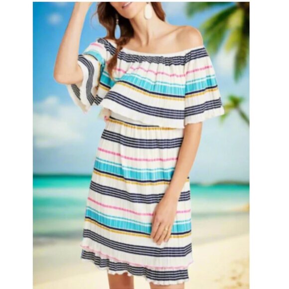 Anthropologie Boho Off the Shoulder Mini Dress XL White Striped A-Line Pleated - Picture 1 of 7